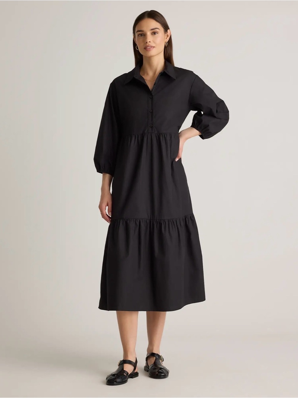 Quince 100% Organic Cotton Poplin Midi Tunic Dress Black XS NWT Pockets